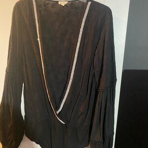 POL Black Wrap Blouse with Lace Detail